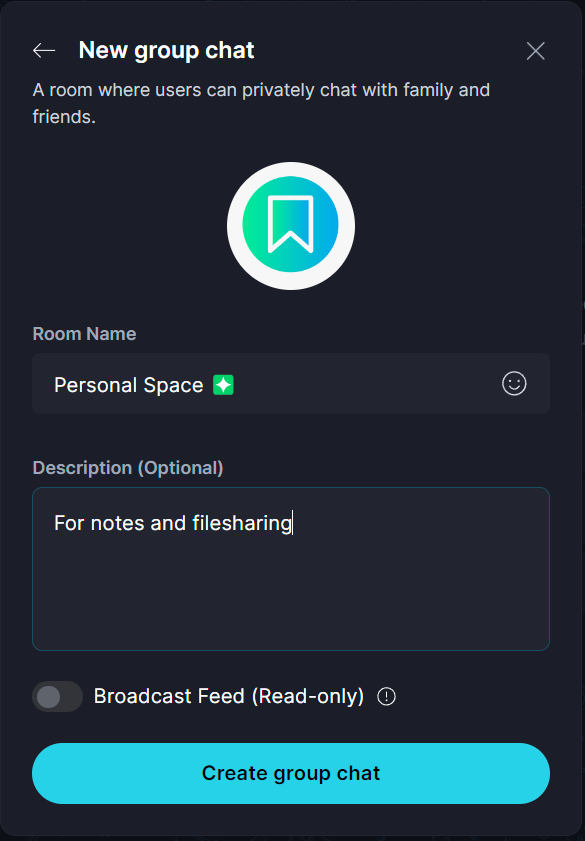 Personal Group ๐ ยท Add details for your new chat Keet app screenshot: Add details for your new chat.
