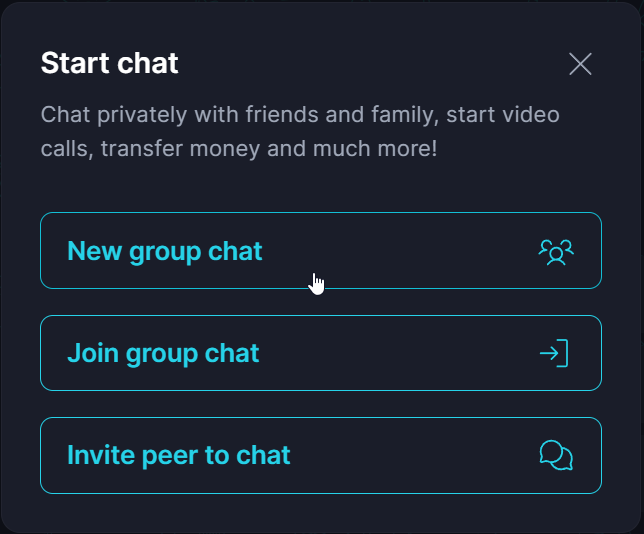 Personal Group ๐ ยท In the pop-up, select 'New group chat' Keet app screenshot: In the pop-up, select 'New group chat'.